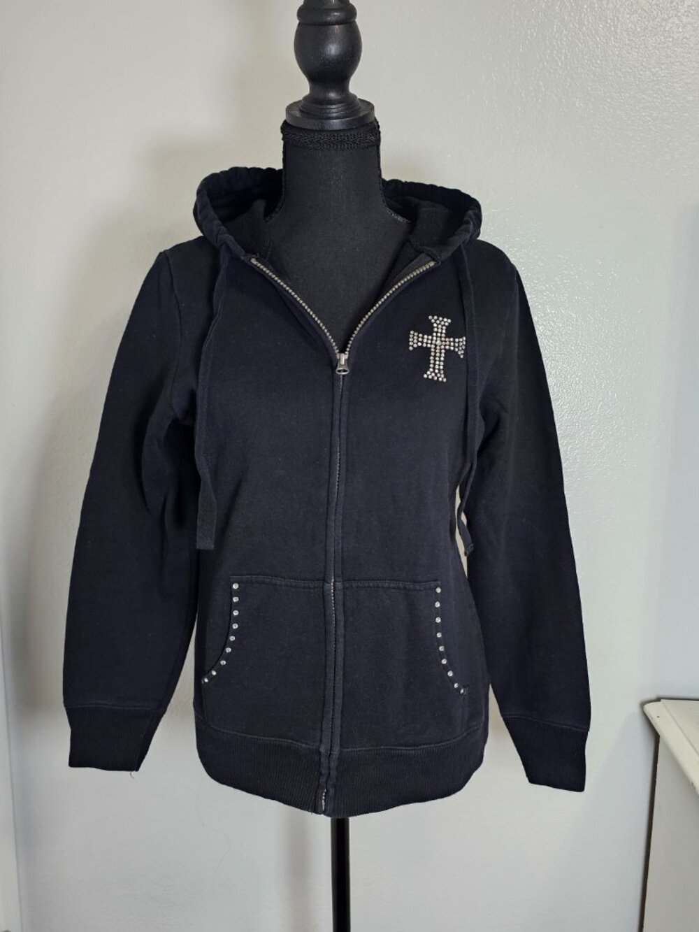 Old Navy Black Women's Full Zip Hoodie w/ Rhinestones Sweatshirt - Size Medium - Picture 2 of 7